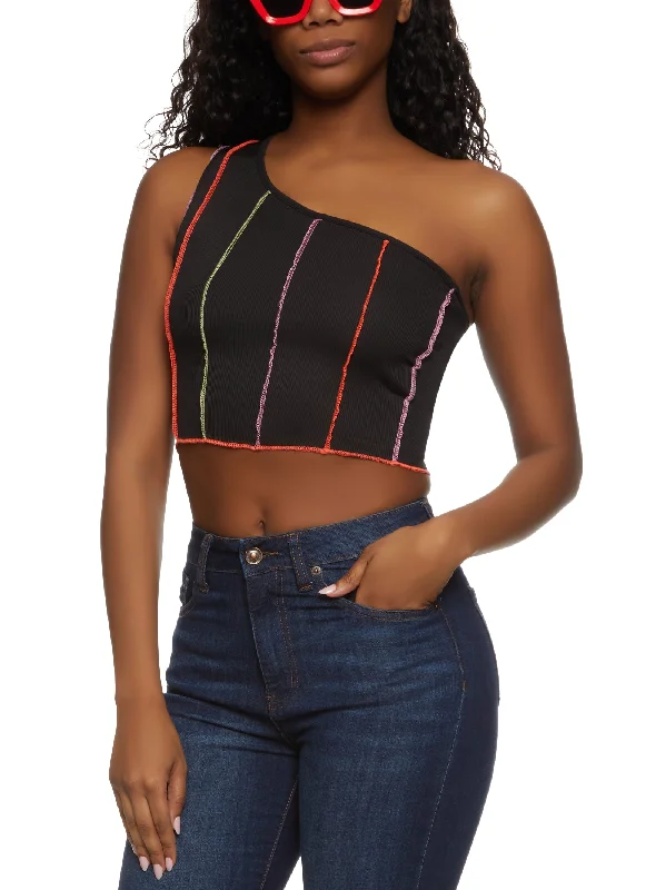 Contrast Stitch One Shoulder Crop Top