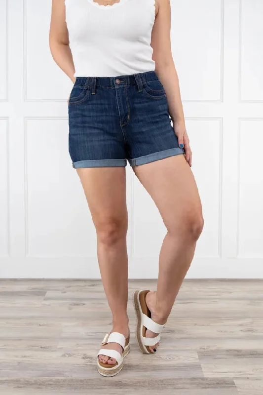 The Sadie from Judy Blue: High-Rise Elastic Waist Mid Length Denim Shorts