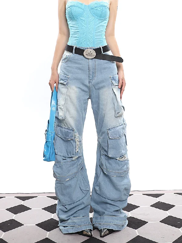 Vicki Denim Washed Gradient Blue Multipocketed Pleated Jeans Pants